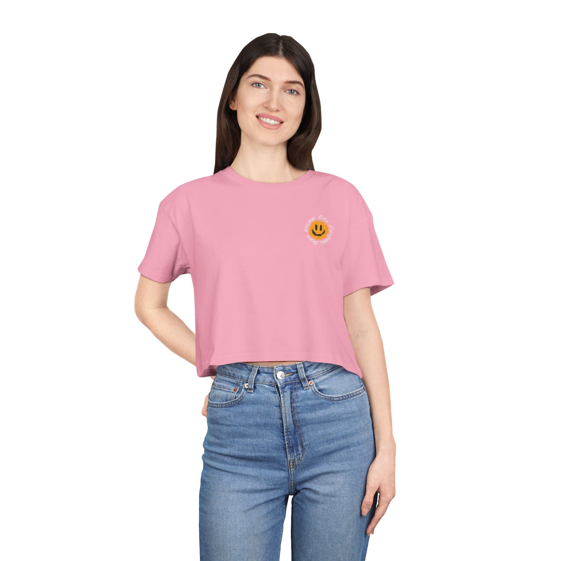 Smiley Message Women's Crop Tee | Casual Summer Top, Gift for Friends, Trendy Streetwear, Vacation Essentials